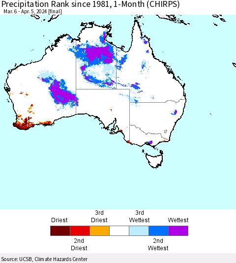 Australia Precipitation Rank since 1981, 1-Month (CHIRPS) Thematic Map For 3/6/2024 - 4/5/2024