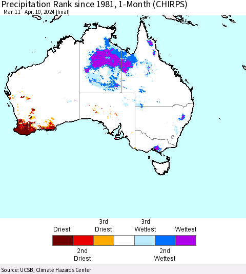Australia Precipitation Rank since 1981, 1-Month (CHIRPS) Thematic Map For 3/11/2024 - 4/10/2024