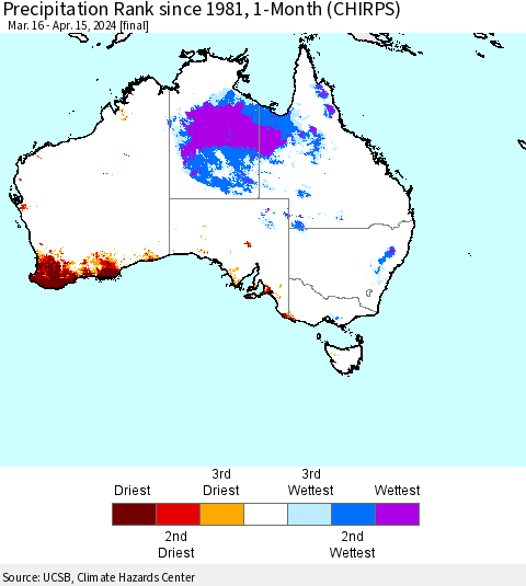 Australia Precipitation Rank since 1981, 1-Month (CHIRPS) Thematic Map For 3/16/2024 - 4/15/2024