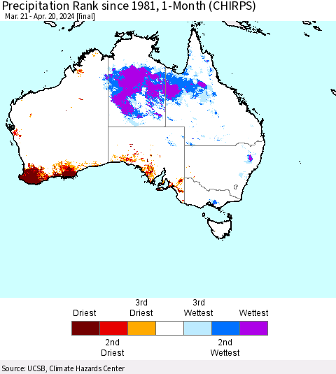 Australia Precipitation Rank since 1981, 1-Month (CHIRPS) Thematic Map For 3/21/2024 - 4/20/2024