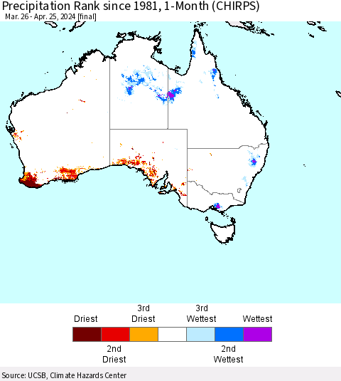 Australia Precipitation Rank since 1981, 1-Month (CHIRPS) Thematic Map For 3/26/2024 - 4/25/2024