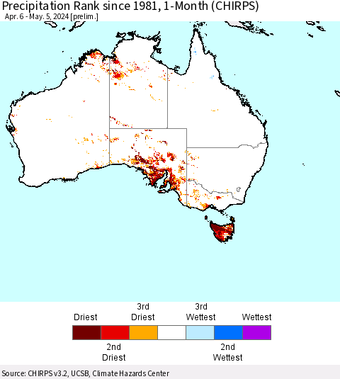 Australia Precipitation Rank since 1981, 1-Month (CHIRPS) Thematic Map For 4/6/2024 - 5/5/2024