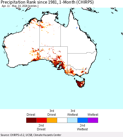 Australia Precipitation Rank since 1981, 1-Month (CHIRPS) Thematic Map For 4/11/2024 - 5/10/2024