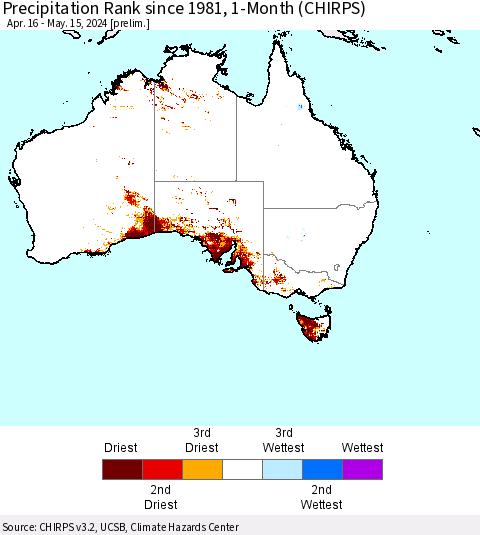 Australia Precipitation Rank since 1981, 1-Month (CHIRPS) Thematic Map For 4/16/2024 - 5/15/2024