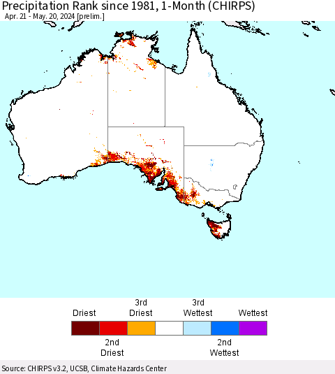 Australia Precipitation Rank since 1981, 1-Month (CHIRPS) Thematic Map For 4/21/2024 - 5/20/2024