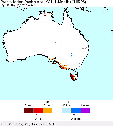 Australia Precipitation Rank since 1981, 1-Month (CHIRPS) Thematic Map For 4/26/2024 - 5/25/2024