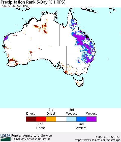 Australia Precipitation Rank since 1981, 5-Day (CHIRPS) Thematic Map For 11/26/2021 - 11/30/2021