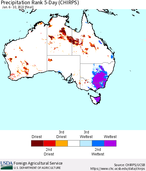 Australia Precipitation Rank since 1981, 5-Day (CHIRPS) Thematic Map For 1/6/2022 - 1/10/2022