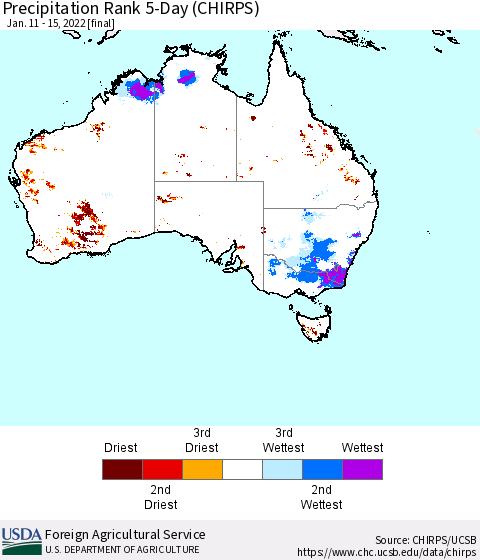Australia Precipitation Rank since 1981, 5-Day (CHIRPS) Thematic Map For 1/11/2022 - 1/15/2022