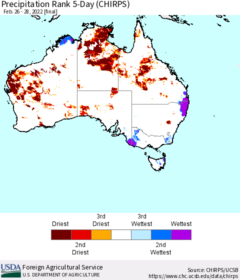 Australia Precipitation Rank since 1981, 5-Day (CHIRPS) Thematic Map For 2/26/2022 - 2/28/2022