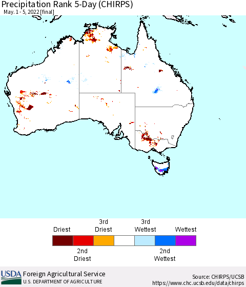 Australia Precipitation Rank since 1981, 5-Day (CHIRPS) Thematic Map For 5/1/2022 - 5/5/2022