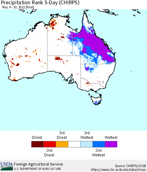 Australia Precipitation Rank since 1981, 5-Day (CHIRPS) Thematic Map For 5/6/2022 - 5/10/2022