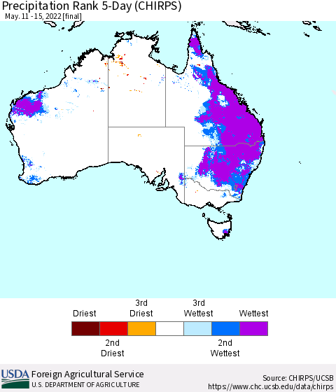 Australia Precipitation Rank since 1981, 5-Day (CHIRPS) Thematic Map For 5/11/2022 - 5/15/2022