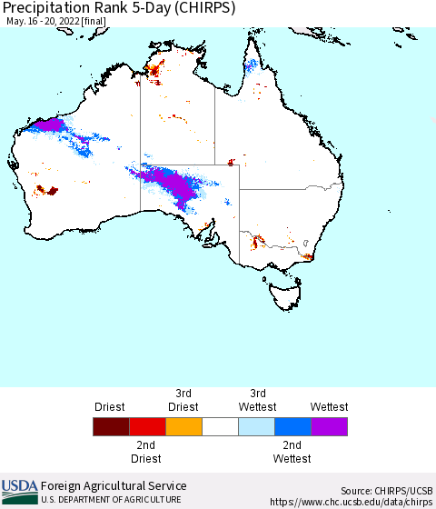 Australia Precipitation Rank since 1981, 5-Day (CHIRPS) Thematic Map For 5/16/2022 - 5/20/2022