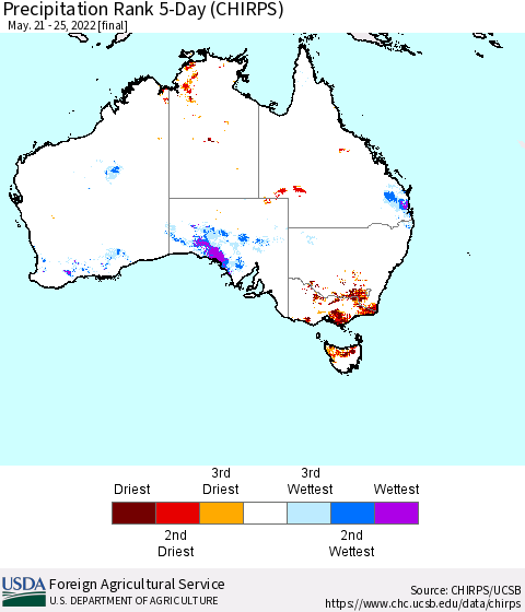 Australia Precipitation Rank since 1981, 5-Day (CHIRPS) Thematic Map For 5/21/2022 - 5/25/2022