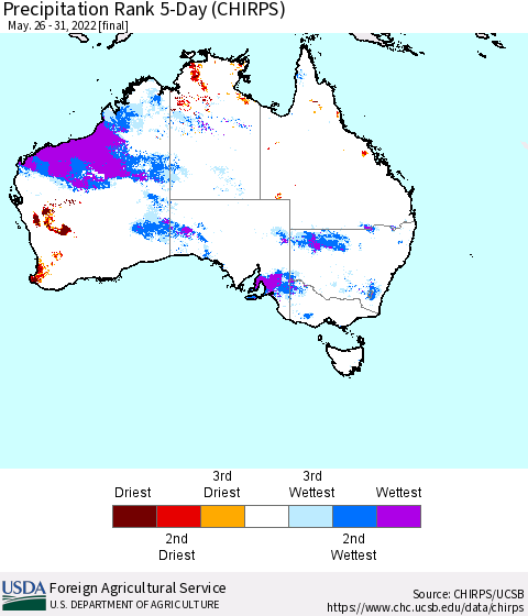 Australia Precipitation Rank since 1981, 5-Day (CHIRPS) Thematic Map For 5/26/2022 - 5/31/2022