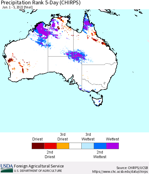 Australia Precipitation Rank since 1981, 5-Day (CHIRPS) Thematic Map For 6/1/2022 - 6/5/2022