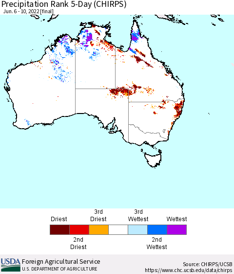 Australia Precipitation Rank since 1981, 5-Day (CHIRPS) Thematic Map For 6/6/2022 - 6/10/2022