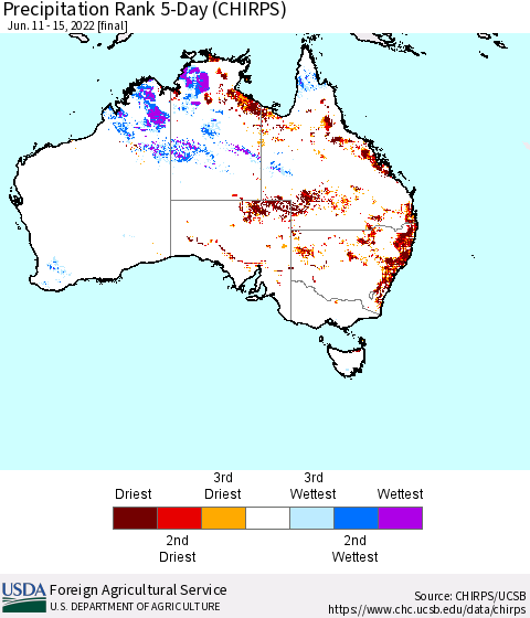 Australia Precipitation Rank since 1981, 5-Day (CHIRPS) Thematic Map For 6/11/2022 - 6/15/2022