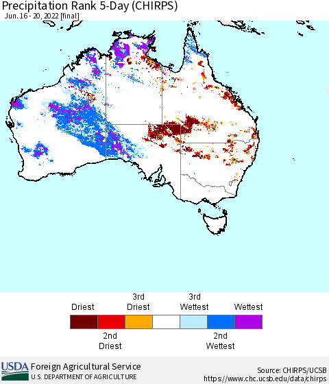 Australia Precipitation Rank since 1981, 5-Day (CHIRPS) Thematic Map For 6/16/2022 - 6/20/2022