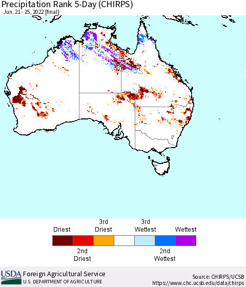 Australia Precipitation Rank since 1981, 5-Day (CHIRPS) Thematic Map For 6/21/2022 - 6/25/2022