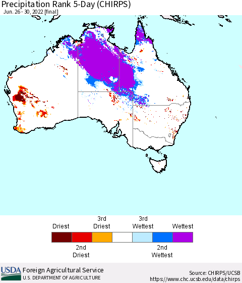 Australia Precipitation Rank since 1981, 5-Day (CHIRPS) Thematic Map For 6/26/2022 - 6/30/2022