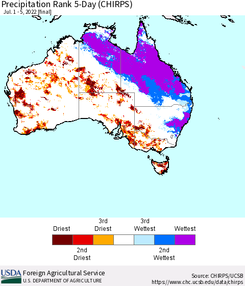 Australia Precipitation Rank since 1981, 5-Day (CHIRPS) Thematic Map For 7/1/2022 - 7/5/2022