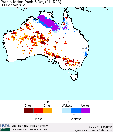 Australia Precipitation Rank since 1981, 5-Day (CHIRPS) Thematic Map For 7/6/2022 - 7/10/2022