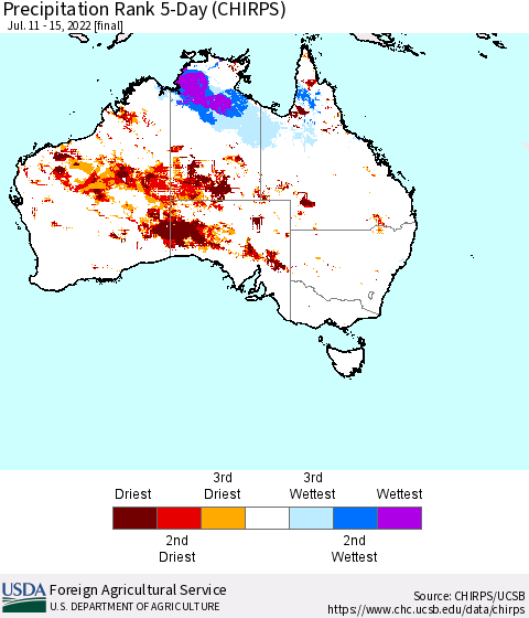 Australia Precipitation Rank since 1981, 5-Day (CHIRPS) Thematic Map For 7/11/2022 - 7/15/2022