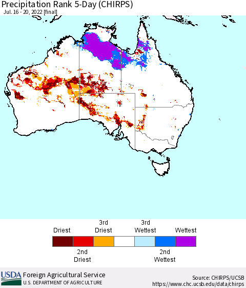 Australia Precipitation Rank since 1981, 5-Day (CHIRPS) Thematic Map For 7/16/2022 - 7/20/2022