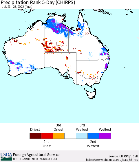 Australia Precipitation Rank since 1981, 5-Day (CHIRPS) Thematic Map For 7/21/2022 - 7/25/2022