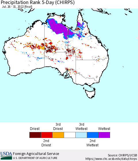 Australia Precipitation Rank since 1981, 5-Day (CHIRPS) Thematic Map For 7/26/2022 - 7/31/2022