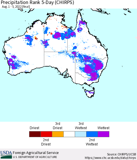 Australia Precipitation Rank since 1981, 5-Day (CHIRPS) Thematic Map For 8/1/2022 - 8/5/2022