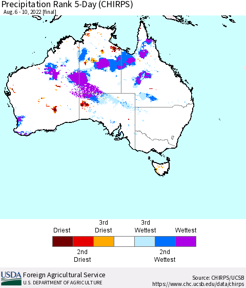Australia Precipitation Rank since 1981, 5-Day (CHIRPS) Thematic Map For 8/6/2022 - 8/10/2022
