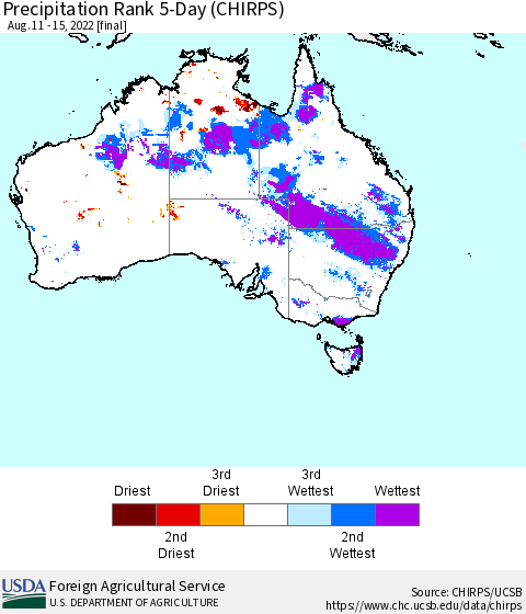 Australia Precipitation Rank since 1981, 5-Day (CHIRPS) Thematic Map For 8/11/2022 - 8/15/2022