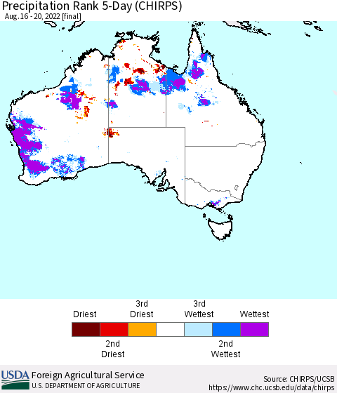 Australia Precipitation Rank since 1981, 5-Day (CHIRPS) Thematic Map For 8/16/2022 - 8/20/2022