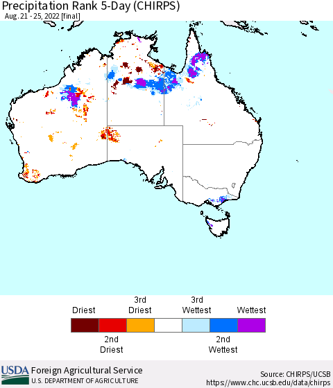Australia Precipitation Rank since 1981, 5-Day (CHIRPS) Thematic Map For 8/21/2022 - 8/25/2022