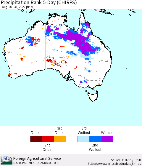 Australia Precipitation Rank since 1981, 5-Day (CHIRPS) Thematic Map For 8/26/2022 - 8/31/2022