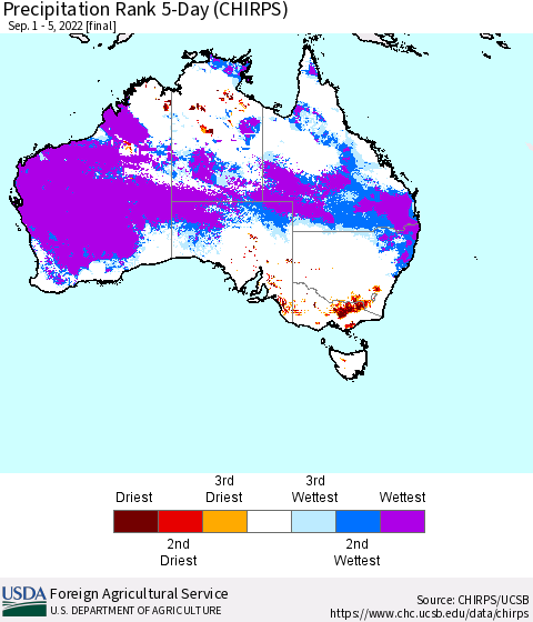 Australia Precipitation Rank since 1981, 5-Day (CHIRPS) Thematic Map For 9/1/2022 - 9/5/2022