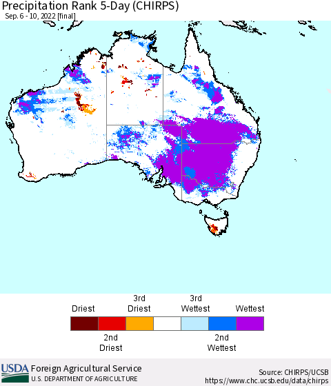 Australia Precipitation Rank since 1981, 5-Day (CHIRPS) Thematic Map For 9/6/2022 - 9/10/2022