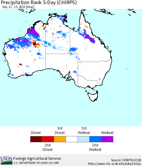 Australia Precipitation Rank since 1981, 5-Day (CHIRPS) Thematic Map For 9/11/2022 - 9/15/2022