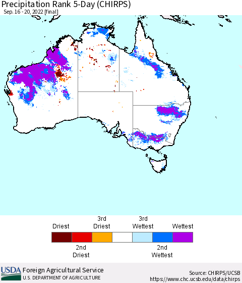 Australia Precipitation Rank since 1981, 5-Day (CHIRPS) Thematic Map For 9/16/2022 - 9/20/2022