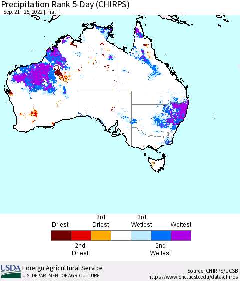 Australia Precipitation Rank since 1981, 5-Day (CHIRPS) Thematic Map For 9/21/2022 - 9/25/2022