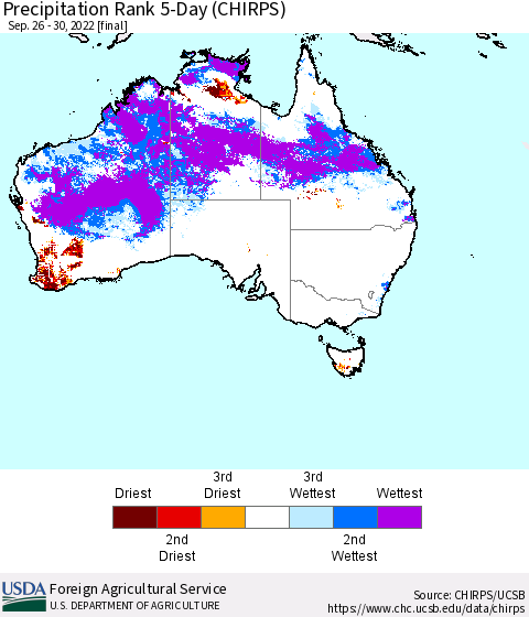 Australia Precipitation Rank since 1981, 5-Day (CHIRPS) Thematic Map For 9/26/2022 - 9/30/2022