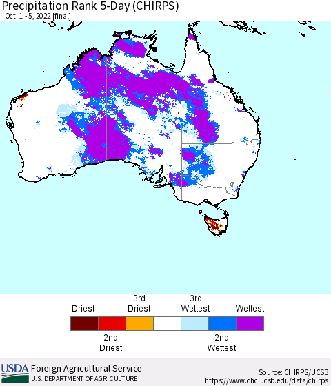 Australia Precipitation Rank since 1981, 5-Day (CHIRPS) Thematic Map For 10/1/2022 - 10/5/2022