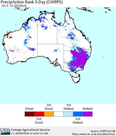 Australia Precipitation Rank since 1981, 5-Day (CHIRPS) Thematic Map For 10/6/2022 - 10/10/2022