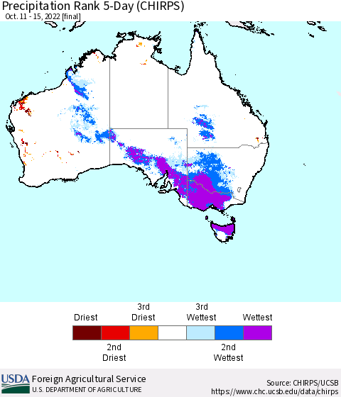 Australia Precipitation Rank since 1981, 5-Day (CHIRPS) Thematic Map For 10/11/2022 - 10/15/2022
