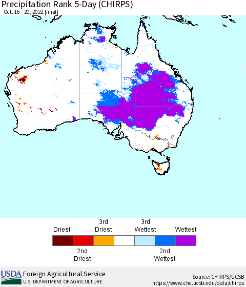Australia Precipitation Rank since 1981, 5-Day (CHIRPS) Thematic Map For 10/16/2022 - 10/20/2022