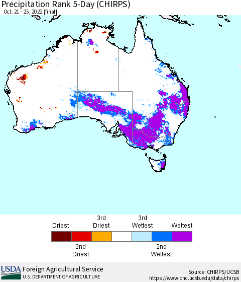 Australia Precipitation Rank since 1981, 5-Day (CHIRPS) Thematic Map For 10/21/2022 - 10/25/2022