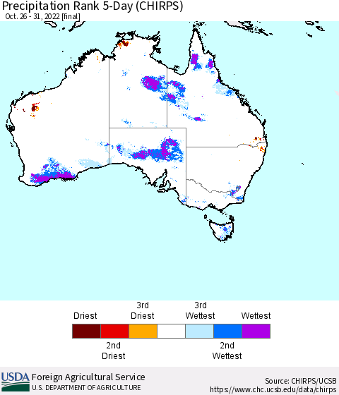 Australia Precipitation Rank since 1981, 5-Day (CHIRPS) Thematic Map For 10/26/2022 - 10/31/2022